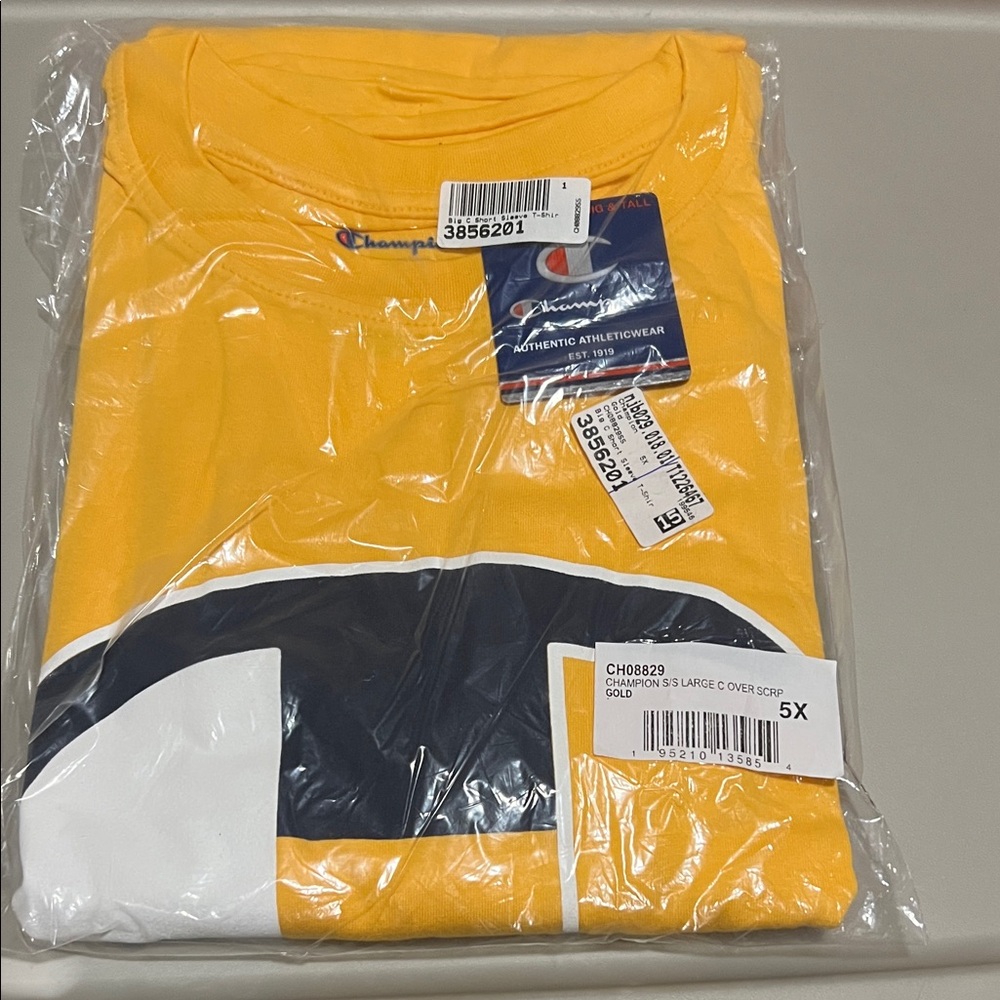 5X Champion Men's Yellow Graphic Logo Short-Sleeve Tee